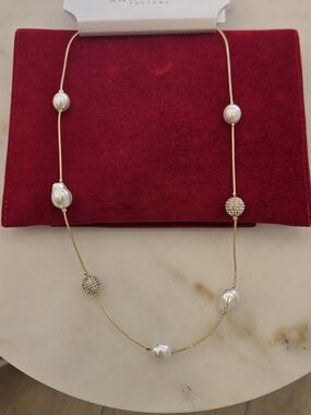 Brand New Ann Taylor Gold-Tone Pearl & Pavé Station Necklace